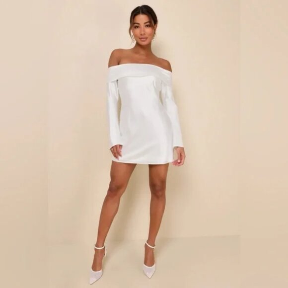 Lulus Luxurious Vision White Satin Off-the-Shoulder Mini Dress Size Large NEW - Picture 7 of 15